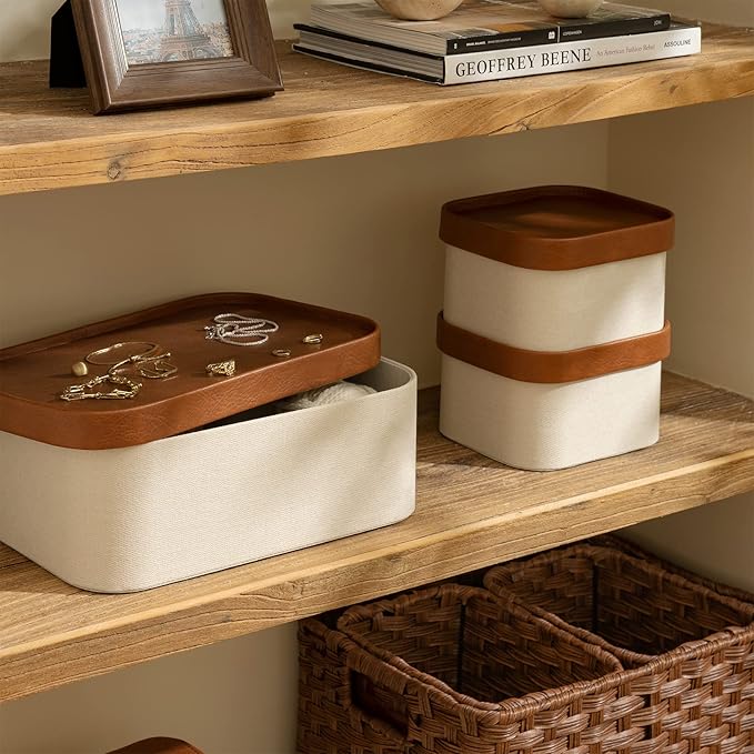 Beige Decorative Storage Boxes With Lids Storage Baskets with Leather-Like Lids Sturdy Stackable Paper Boxes Decorative Tray Modern Basket Organizer Bins for Jewelry Shelve Bathroom Bedroom
