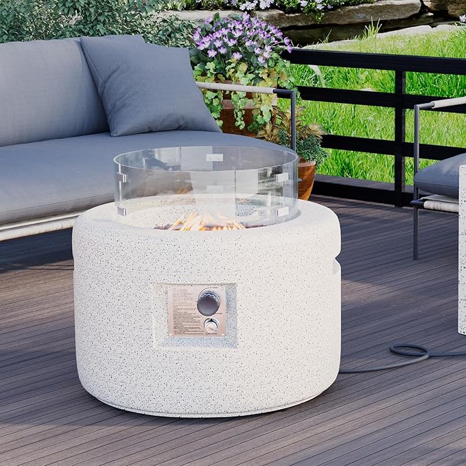 HOMPUS Round Fire Pit Table Outdoor Propane Fire Pit Table w Free Lava Rocks &amp Rain Cover Terrazzo Colorful Fire Pit w Wind Guard for Patio Outside
