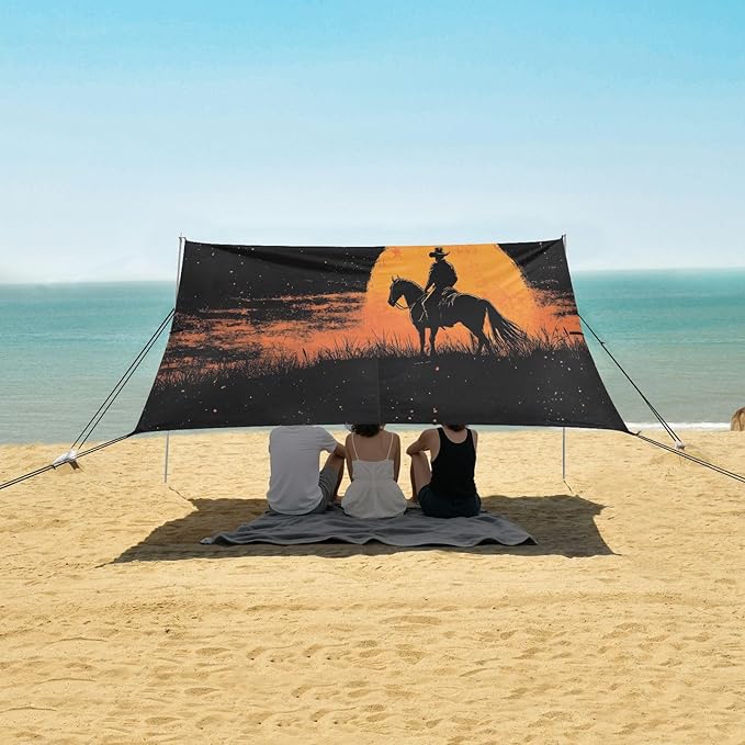 Sunset Cowboy Beach Tent Sun Shelter Set UPF50+ UV Protection 10.5 x 9.19 FT Camping Shade Canopy with Sandbags Sand Anchors Carrying Bag and Others