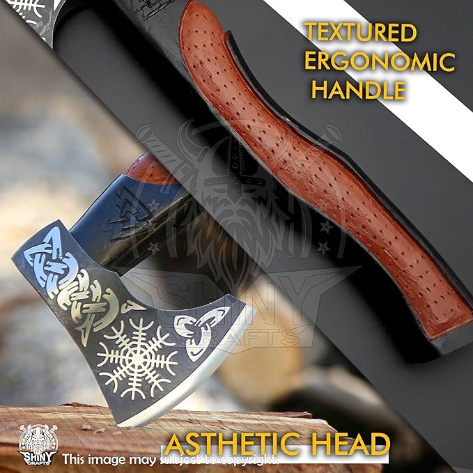 SHINY CRAFTS® Handcrafted Viking Axe – Nordic Engraved Blade with Wooden Handle Unique Gift for Men Collectors and Fantasy Enthusiasts (SCA-01)