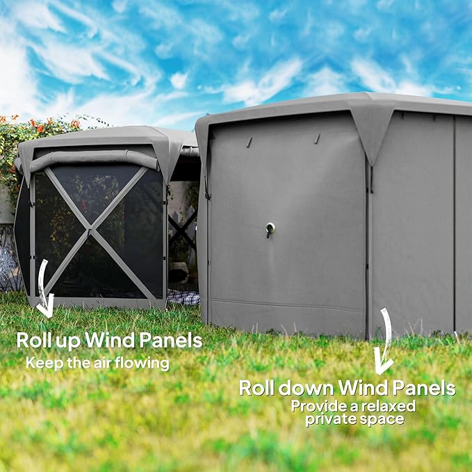 11x11ft Quality Construction Pop-Up Gazebo Screen Tent with Removable Roof Cover and Retractable Wind Panels in Dark Gray