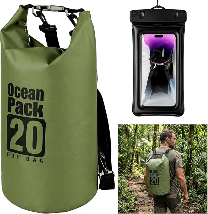 kullder Waterproof Backpack 20L Army Green Roll Top Water Proof Dry Bag Heavy Duty Floating Dry Bag for Kayaking Ship Camping Hiking Backpack with IPX8 Waterproof Phone Pouch-Black 7
