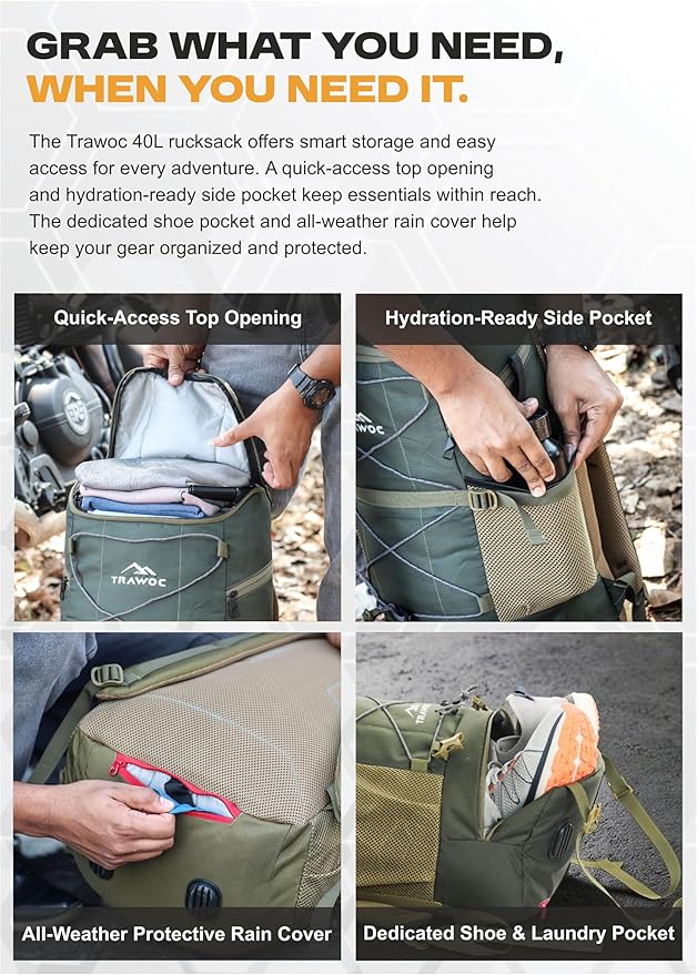 TRAWOC STEALTH 40L Travel Backpack for Men and Women Laptop &amp Shoe Compartment Rain CoverCasual Bag for trekking &amp Hiking