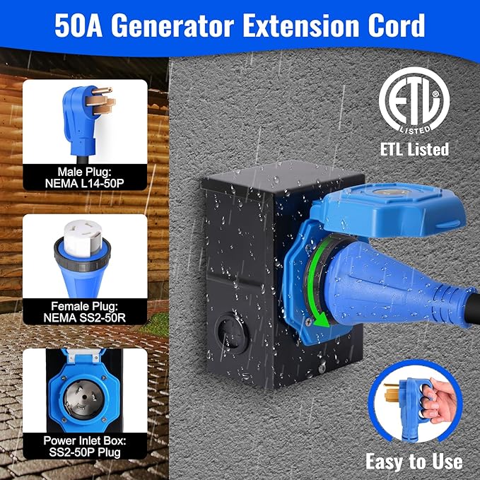 Seeutek 50 Amp Generator Cord 4 Prong 30 FT Generator Extension Cord with Pre-drilled Power Inlet Box &amp Interlock Kit NEMA 14-50P/SS2-50P Functional Cable High Conductivity ETL Listed