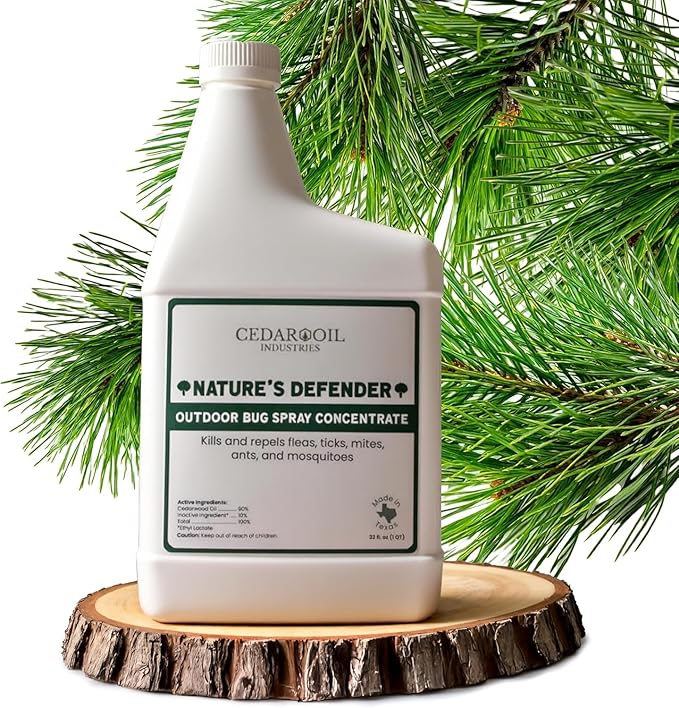 Nature's Defender Outdoor Pest Control Spray – All-Natural Cedarwood Oil Formula for Mosquitoes Ticks Fleas and Ants – Safe for Pets Kids and Plants – 32 oz Concentrate Treats 40000 sq. ft