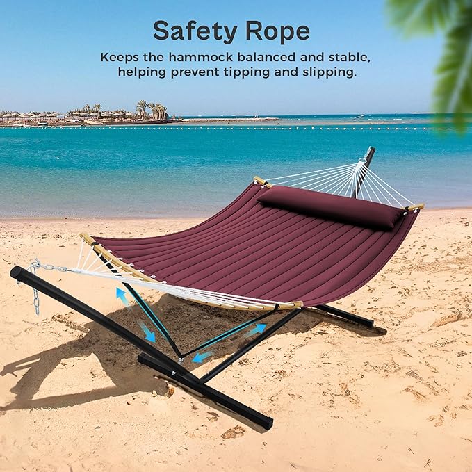 SUPERJARE Curved-Bar Hammock with Stand 2 Person Heavy Duty Hammock Frame Detachable Pillow &amp Portable Carrying Bag Perfect for Outdoor &amp Indoor Burgundy