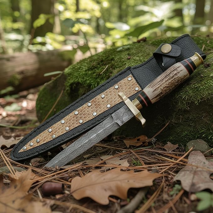 SANZ Damascus Athame Hunting Knife 12.5 Inch - Camping Knife with Stag Handle Full Tang Blade &amp Sheath - Pocket Knife for Hunting Camping &amp Outdoor uses