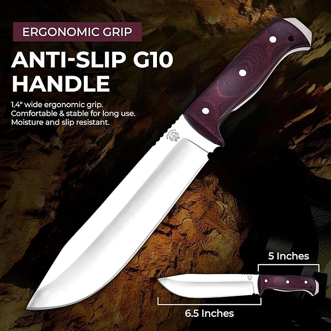 Bushcraft Knife with Sheath11.5 inch Fixed-Blade Handmade Outdoor Full Tang Knives Camping Knives Hunting Knives Survival Tactical Camp Knives Made of D2 Steel (BROWN)