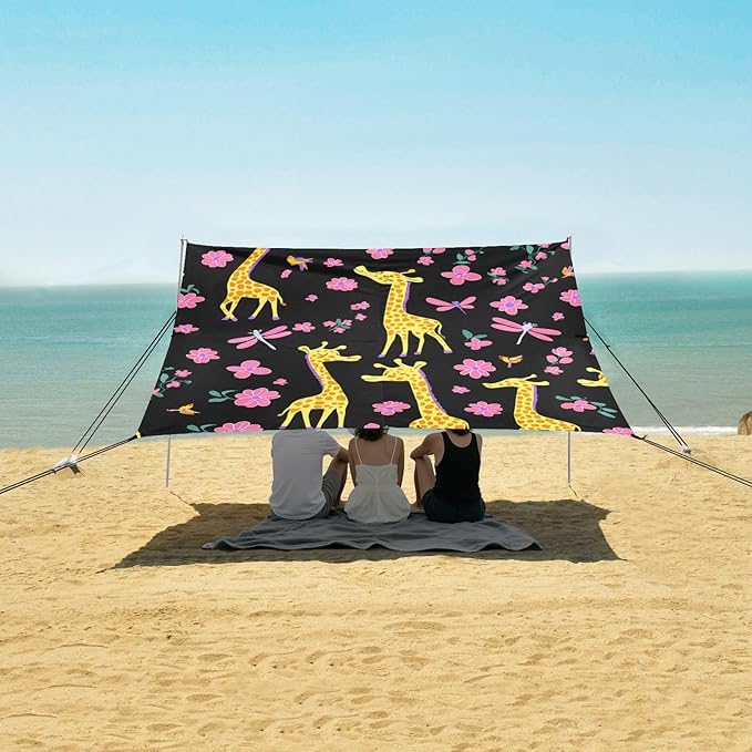 Beach Canopy with Windproof Ropes &amp Sandbags Beach Tent Sun Shade Sun Shelter for Camping Trips Fishing Backyard Fun or Picnics Giraffes