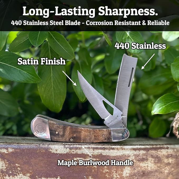 Sarge Knives Two Blade Pocket Knife (2 Blades) Compact Folding EDC Knife with 440 Stainless Steel Razor + Drop Point Maple Burlwood Handle Everyday Carry Knife for Camping Hunting &amp Utility U