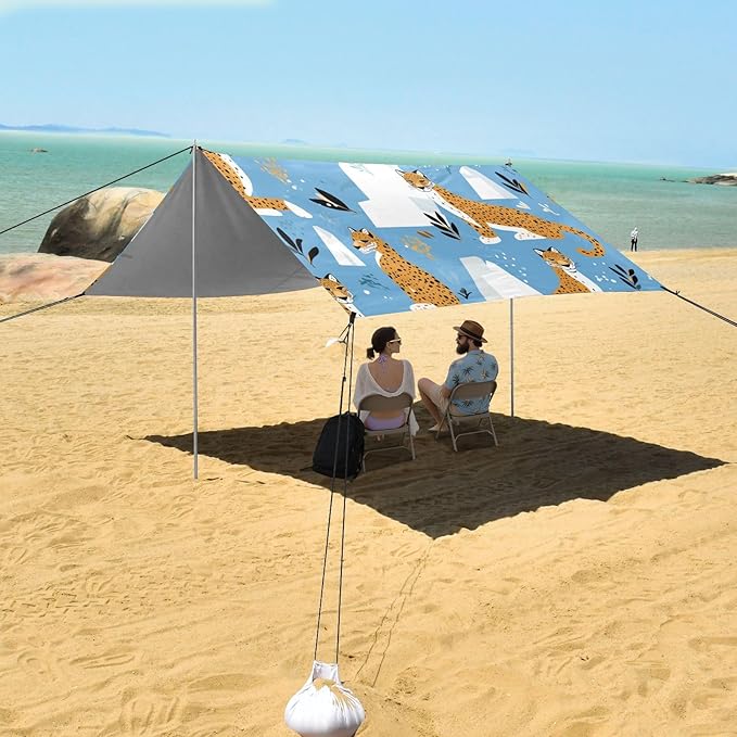 Modern Leopard Pattern Foldable Beach Canopy UPF50 Lightweight Large Sun Shelter with Sand Pockets for Camping Picnics Backyard &amp Fishing