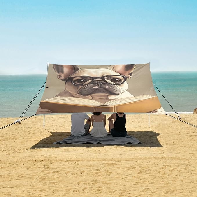 ALAZA Close Up Photo of French Bulldog Read Book Beach Tent Sun Shelter Portable Canopy Sunshade for Outdoor Camping Picnics Backyard Fun 10x9 ft
