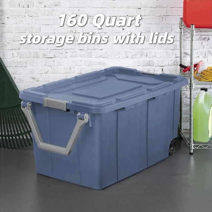 Storage Bins with Lids 40 Gallon Wheeled Plastic Storage Bins with HandleBlue - Large Capacity Stackable Storage Containers for Garage Organization