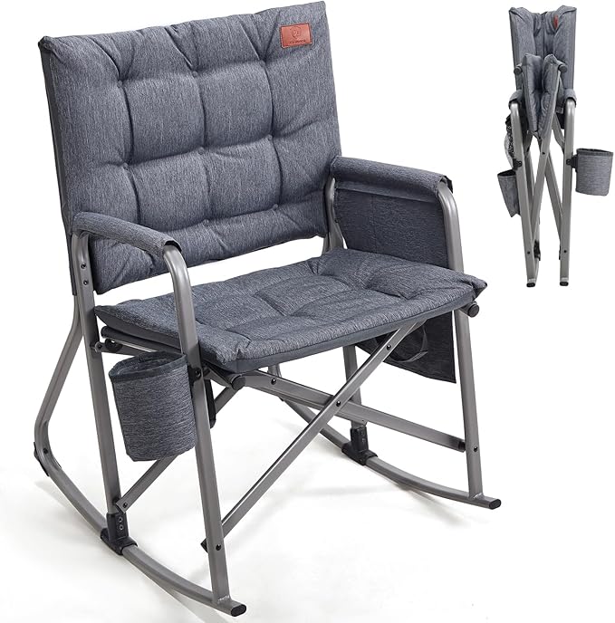 EVER ADVANCED Lightweight Folding Rocking Camping Chair Padded Portable Rocker Chair for Patio Lawn and Outdoors Heavy Duty Hard Armchair for Adults Grey