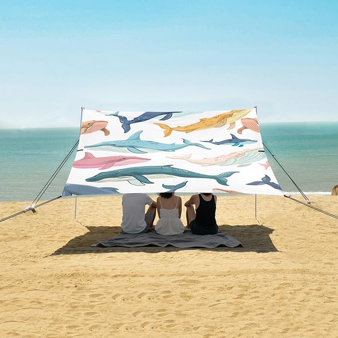 ALAZA Colorful Whales Beach Tent Sun Shelter UPF50+ Protection Beach Shade Canopy w/ 4 Sandbags for Outdoor Camping Fishing Backyard Fun Picnic 10x9 ft