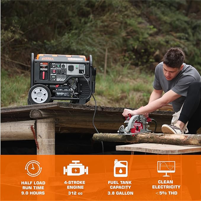 GENMAX Portable Inverter Generator 6000W open frame Gas Powered High Speed Engine with Electric Start Ultra Lightweight for Backup Home Use &amp Job SiteEPA Compliant (GM6000XiE)