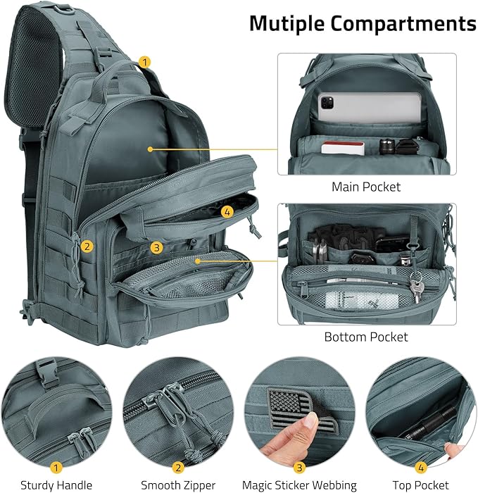 CVLIFE Tactical Sling Bag Backpack for Men Military Shoulder Sling Bag Molle Army Assault Detachable Tactical Bag (Grey)