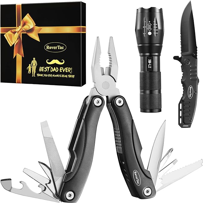RoverTac Tools Set for Dad Gift - 12-in-1 Multitool Pliers Tactical Knife &amp Flashlight in a Gift Box with BEST DAD EVER - Unique &amp Practical Gift for Father’s Day Birthday Christmas &amp