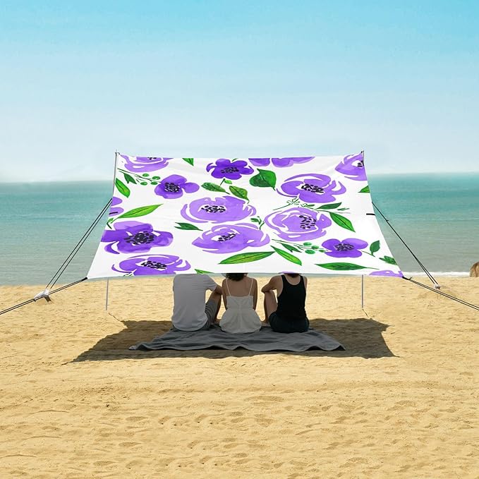 Beach Canopy with Windproof Ropes &amp Sandbags Beach Tent Sun Shade Sun Shelter for Camping Trips Fishing Backyard Fun or Picnics Purple Flowers