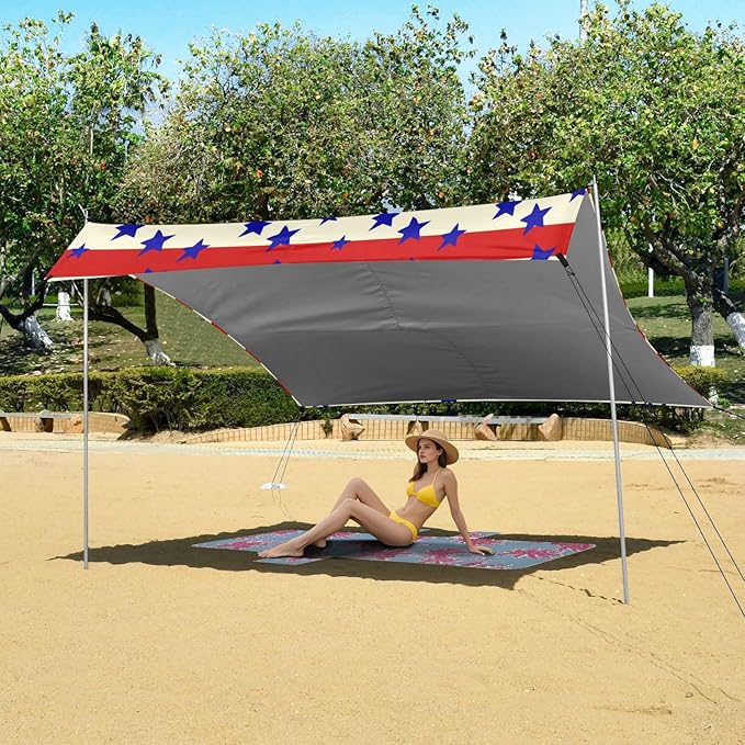 xigua Star Beach Tent Sun Shelter with Carrying Bag - Silver Coated Oxford Fabric Beach Canopy for Beach Camping Fishing - Includes Windproof Ropes Sandbags &amp Stakes