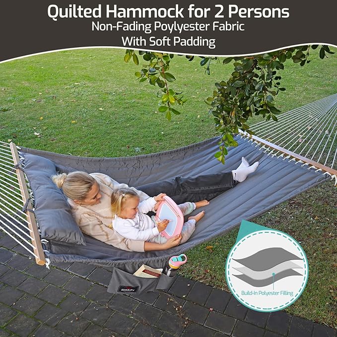 CHULIM Double Quilted Fabric Hammock with Hardwood Spreader Bars and Pillow 450 LBS Capacity 2 Person Large Hammock for Outdoor Patio Backyard Poolside - Tan