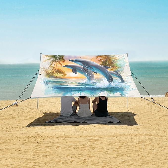 ALAZA Dolphins Palm Beach Tent Sun Shelter UPF50+ Protection Beach Shade Canopy w/ 4 Sandbags for Outdoor Camping Fishing Backyard Fun Picnic 10x9 ft