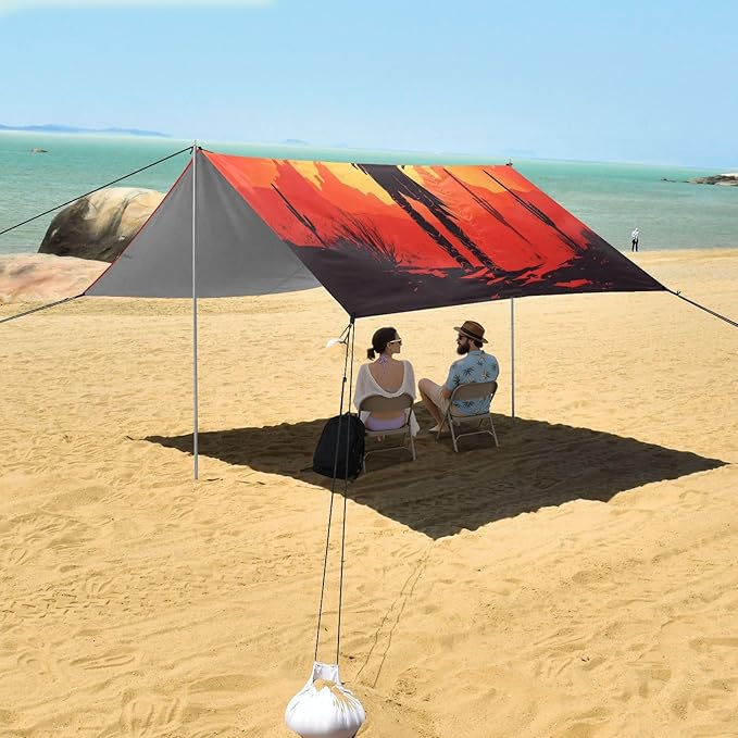Sunset Cowboy Beach Tent Sun Shelter Set UPF50+ UV Protection 10.5 x 9.19 FT Camping Shade Canopy with Sandbags Sand Anchors Carrying Bag and Others