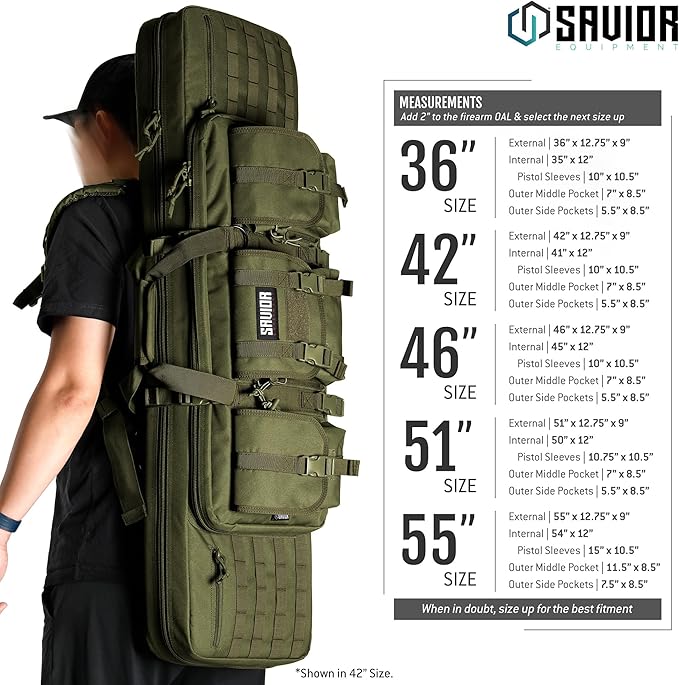 Savior Equipment American Classic Tactical Double Long Gun Bag Pistol Transportation Case w/Backpack Strap Lockable Compartment Available Length in 32 36 42 46 51 55