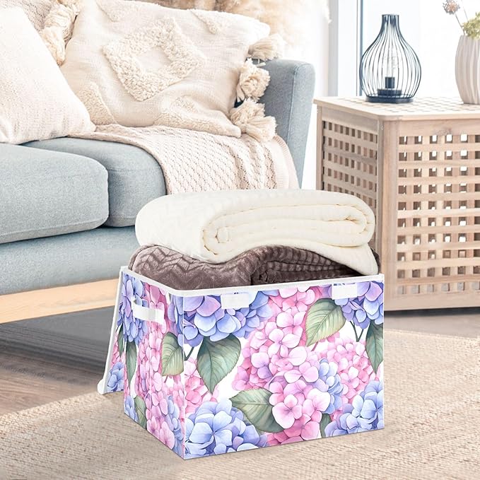 ALAZA Hydrangea Flowers Storage Bins Organizer Box Baskets Lidded Clothes for Shelves Closet Collapsible Stackable Storage Cubes Handles