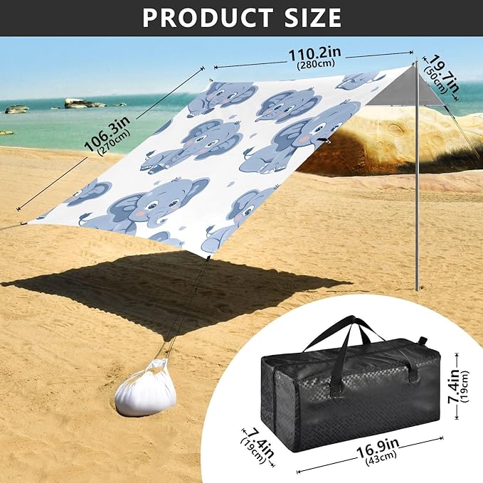 ALAZA Cute Elephant Cartoon Beach Tent Sun Shelter UPF50+ Protection Beach Shade Canopy w/ 4 Sandbags for Outdoor Camping Fishing Backyard Fun Picnic 10x9 ft