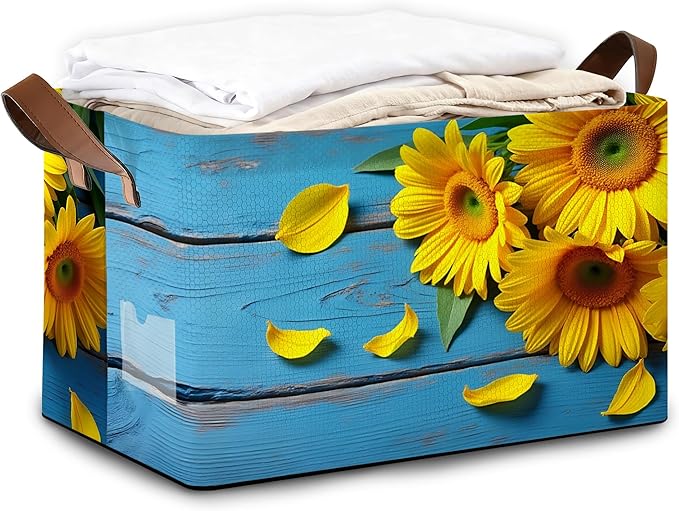 Storage Bin with Handles Sunset Sunflower Collapsible Laundry Baskets for Books Laundry - Use in Nursery Closet Organizers and Storage Blanket Basket