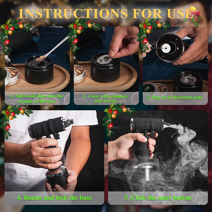 Electric Cocktail Smoker Kit - Rechargeable Whiskey Smoker Kit with Smoking Gun Old-Fashioned Bourbon Smoker Cold Smoker Food Smoke Gun Smoked Drink infuser 6 Wood ChipsButane Not requiredBlack