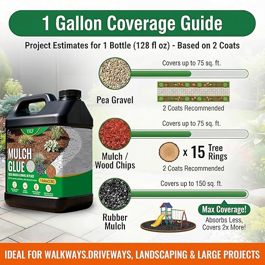 YKF Mulch Glue for Landscaping - 1 Gallon Permeable Gravel Binder &amp Rock Adhesive - Strong Hold for Pea Gravel Wood Chips Rubber Mulch &amp Sand - Pet Safe Fast Drying Stabilizer