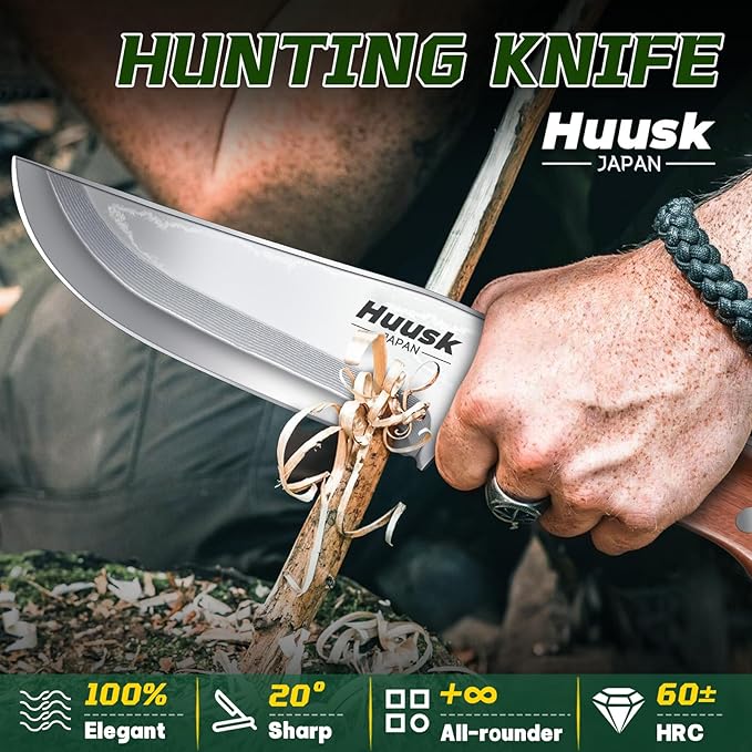 Huusk Bushcraft Knife Fixed Blade Hunting Knives with Leather Sheath 5 Survival Knife Japan Carbon Steel Full Tang Outdoor Camping Knives for Men Dad Present