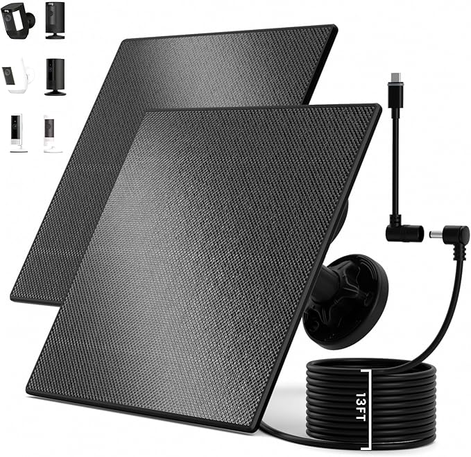 2 Pack Solar Panel Charger for Ring Security Cameras Works with Spotlight/Stick Up Cam (Plus/Pro/Battery Models) 5W 13ft Long Cable USB-C Adapter Weatherproof Design