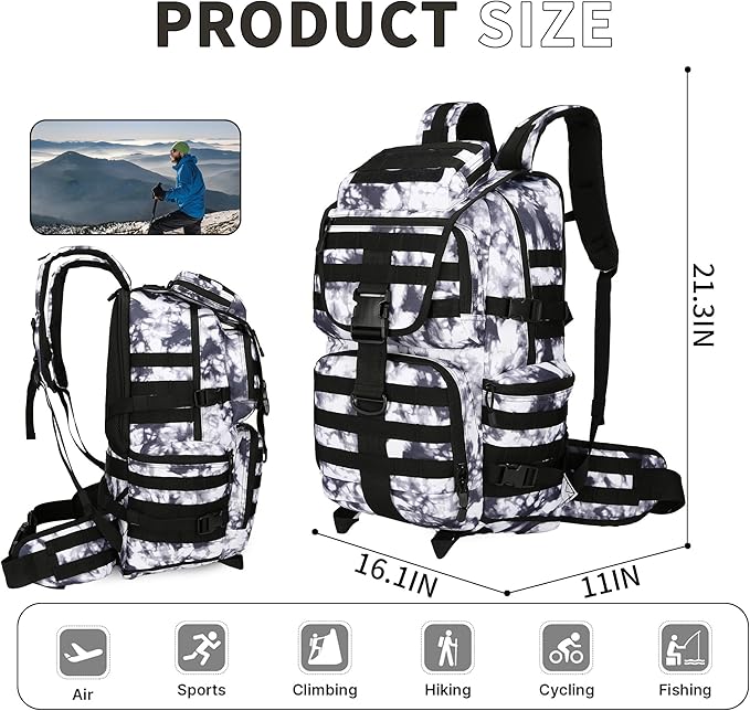 Military Tactical Backpack Waterproof Outdoor Hunting Backpack Large Capacity Hunting Day Pack (BlackWhite)