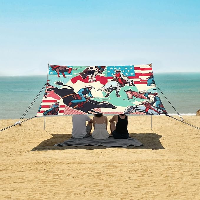 Cartoon American Cowboys Beach Tent Sun Shelter Set UPF50+ UV Protection 10.5 x 9.19 FT Camping Shade Canopy with Sandbags Sand Anchors Carrying Bag and Others