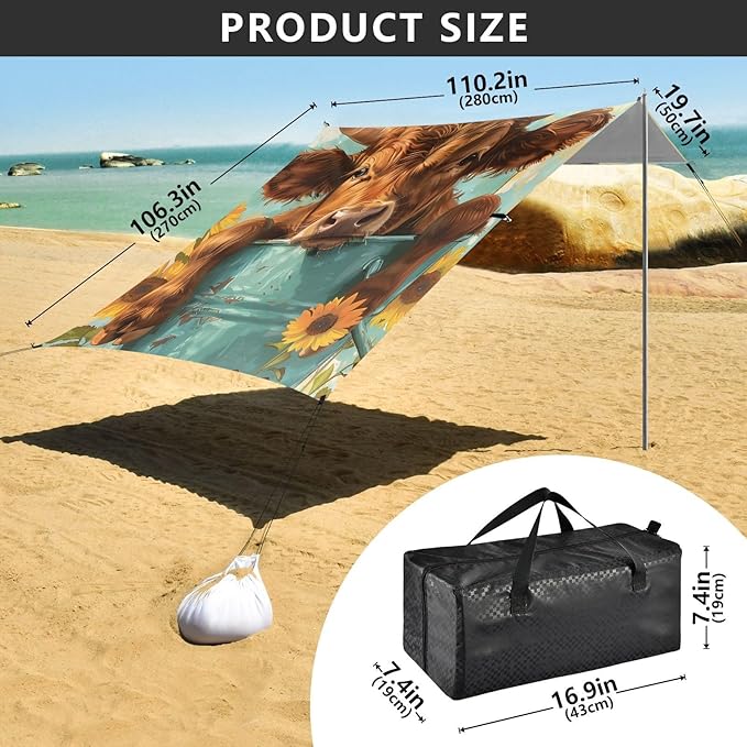 ALAZA Highland Cattle in an Iron Can Beach Tent Sun Shelter Portable Canopy Sunshade for Outdoor Camping Picnics Backyard Fun 10x9 ft