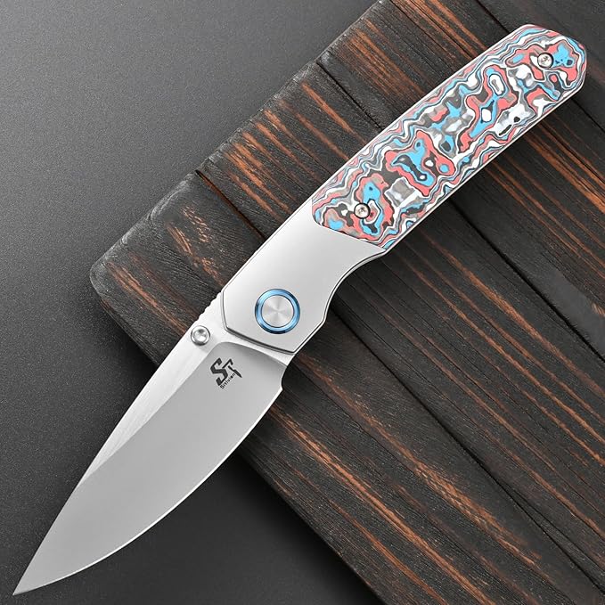 Sitivien ST271 Folding Knife M390 Steel Blade Titanium &amp G10 Handle Knife with Pocket Clip for Men Women Outdoor Camping Hiking Survival(Blue+White+Red)