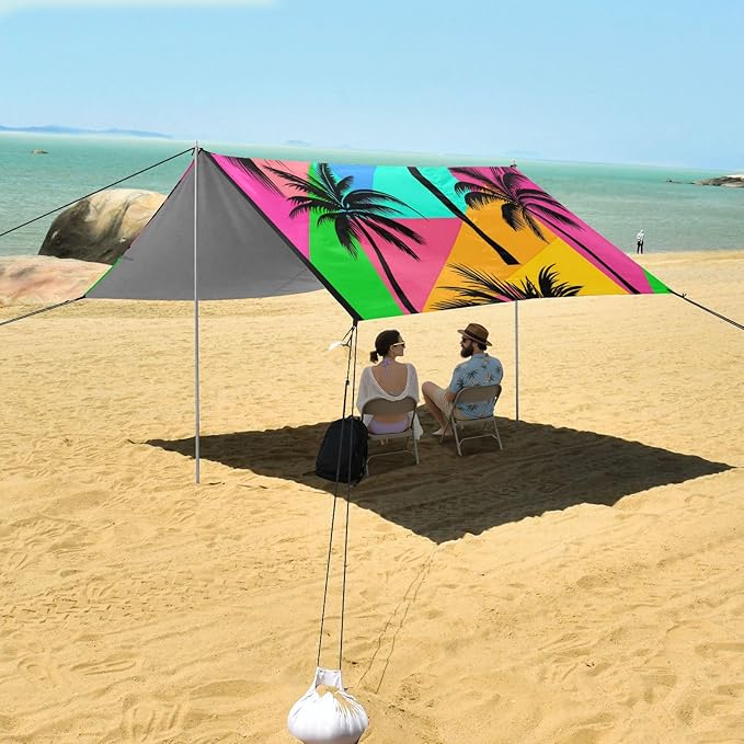 xigua Palm Tree Beach Tent Sun Shelter with Carrying Bag - Silver Coated Oxford Fabric Beach Canopy for Beach Camping Fishing - Includes Windproof Ropes Sandbags &amp Stakes
