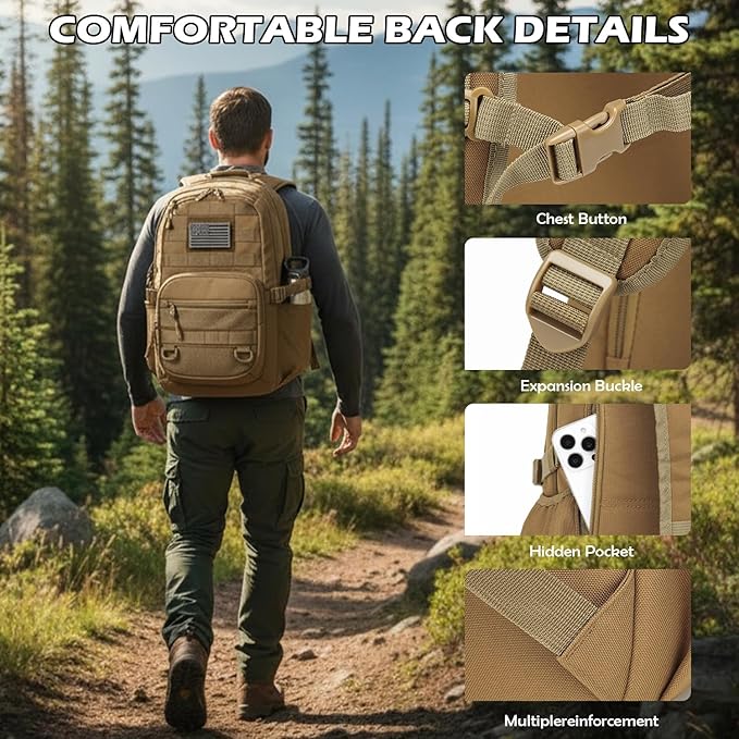 25L Military Tactical Backpack - Molle Army 3 Days Assault Pack Out Bag Hiking Rucksack Brown