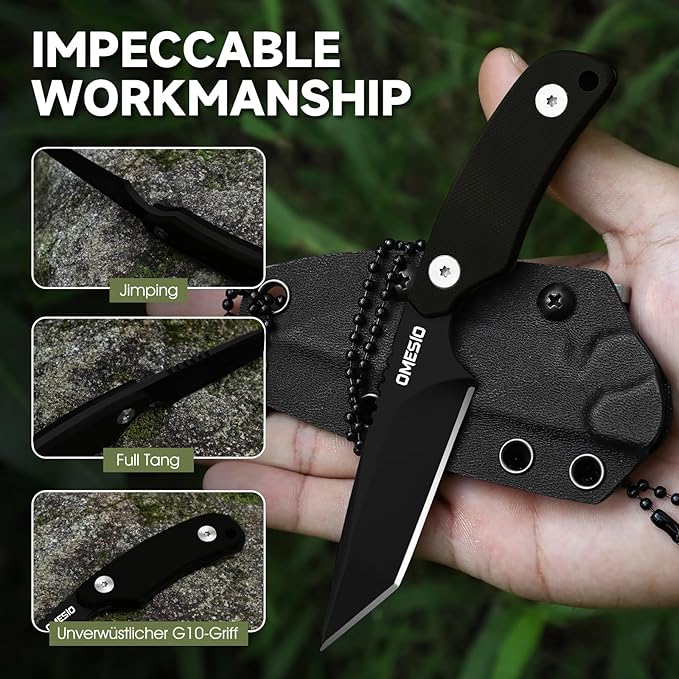 Omesio Neck Knife Small Tanto Fixed Blade with Kydex Sheath and Clip Full Tang 6 Necklace Mini Tactical EDC Knife - D2 Steel G10 Handle (Black Steel + Black Handle)