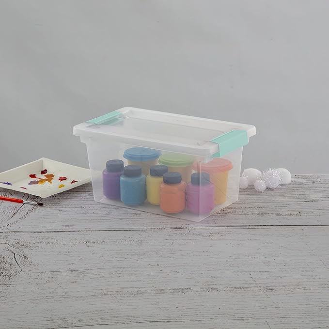 Sterilite Medium Clip Box Stackable Small Storage Bin with Latching Lid Plastic Container to Organize Office Crafts Clear Base and Lid 4-Pack