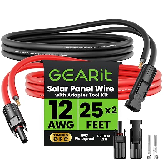 GEARit 12 Gauge Solar Panel Extension Cable 25 Ft Each(50 Feet Total) with MC4 Male to Female Connectors Tool Kit 12 AWG OFC Solar Panel Cord for RVMarineOff-GridCamping &amp Home Backup