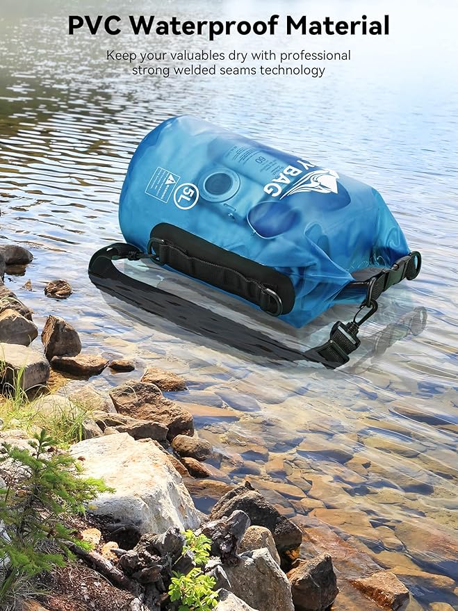 HEETA Waterproof Dry Bag for Women Men (Blue 5L) Bundled with Self Inflating Sleeping Pad with Electric Pump 4 Ultra Thick Memory Foam Camping Mattress