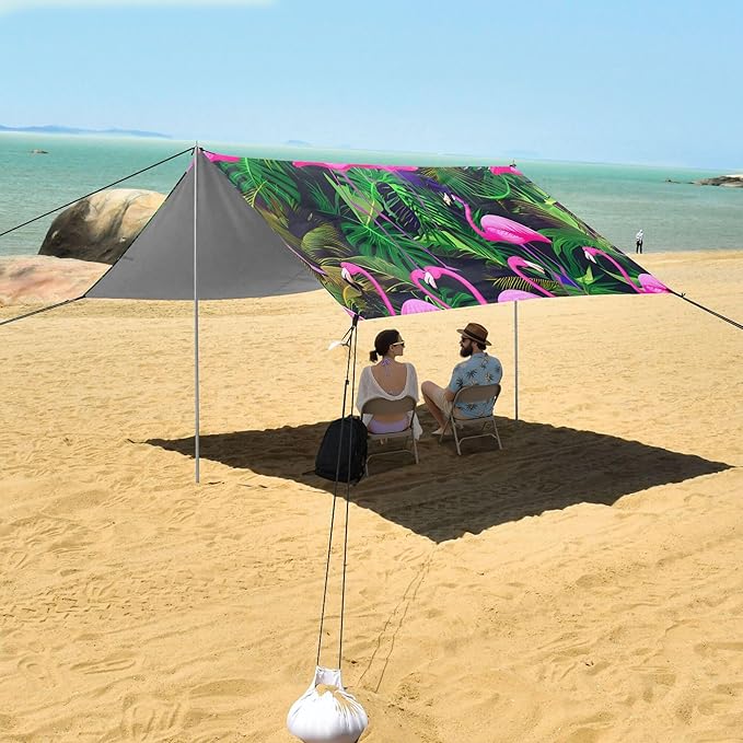 Flamingos Beach Canopy Sun Shelter with Sandbags &amp Sand Shovel &amp Windproof Ropes - Portable 110x126 Beach Shade Beach Tent for Camping Picnics