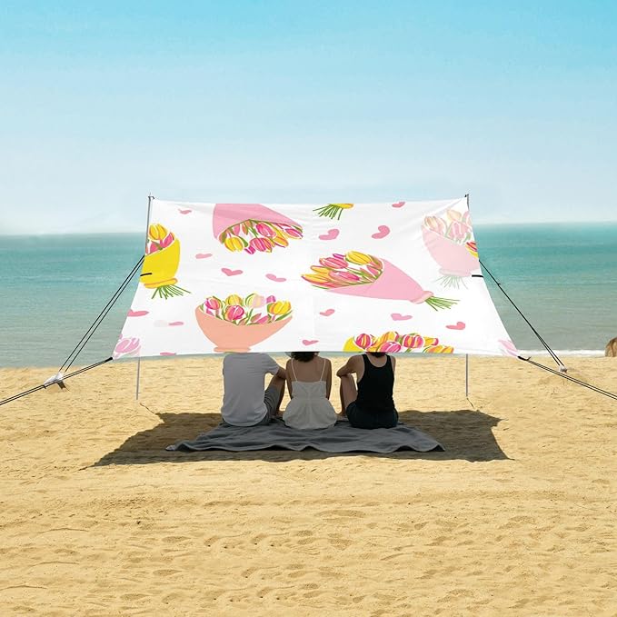 Beach Canopy with Windproof Ropes &amp Sandbags Beach Tent Sun Shade Sun Shelter for Camping Trips Fishing Backyard Fun or Picnics Bouquet