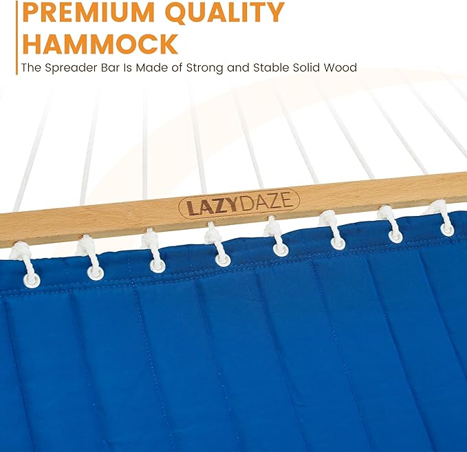 Lazy Daze 12 FT Double Quilted Fabric Hammock with Spreader Bars and Detachable Pillow 2 Person Hammock for Outdoor Patio Backyard Poolside 450 LBS Weight Capacity Dark Blue/Natural