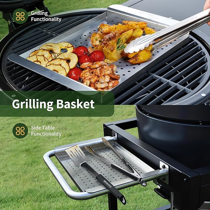 Brand-Man Charcoal Grill &amp Smoker Steel Kamado - 22 Cast Iron Grates Grilling Basket Large Prep Table Cart Ideal for Outdoor Cooking