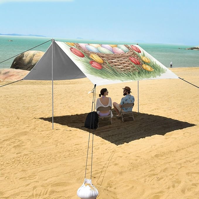 Easter Bunny Beach Canopy Sun Shelter with Sandbags &amp Sand Shovel &amp Windproof Ropes - Portable 110x126 Beach Shade Beach Tent for Camping Picnics